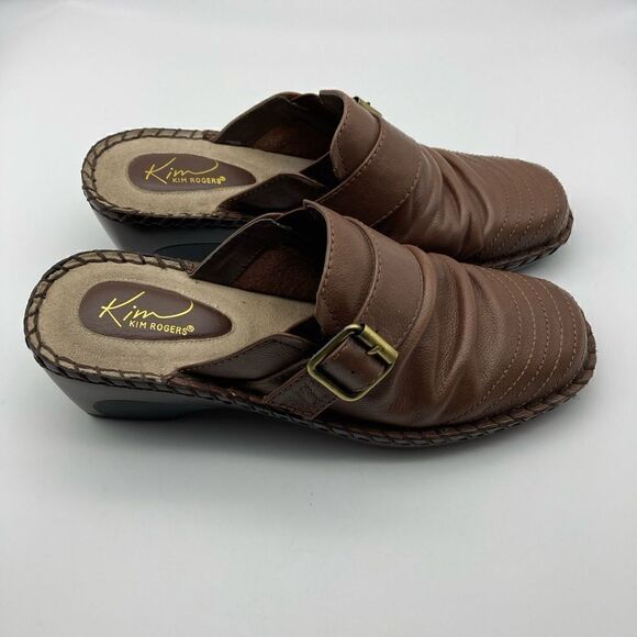 Kim/Kim Rogers Women’s Buckle Leather Slide Clogs Cognac Color Size 7 - Picture 2 of 10